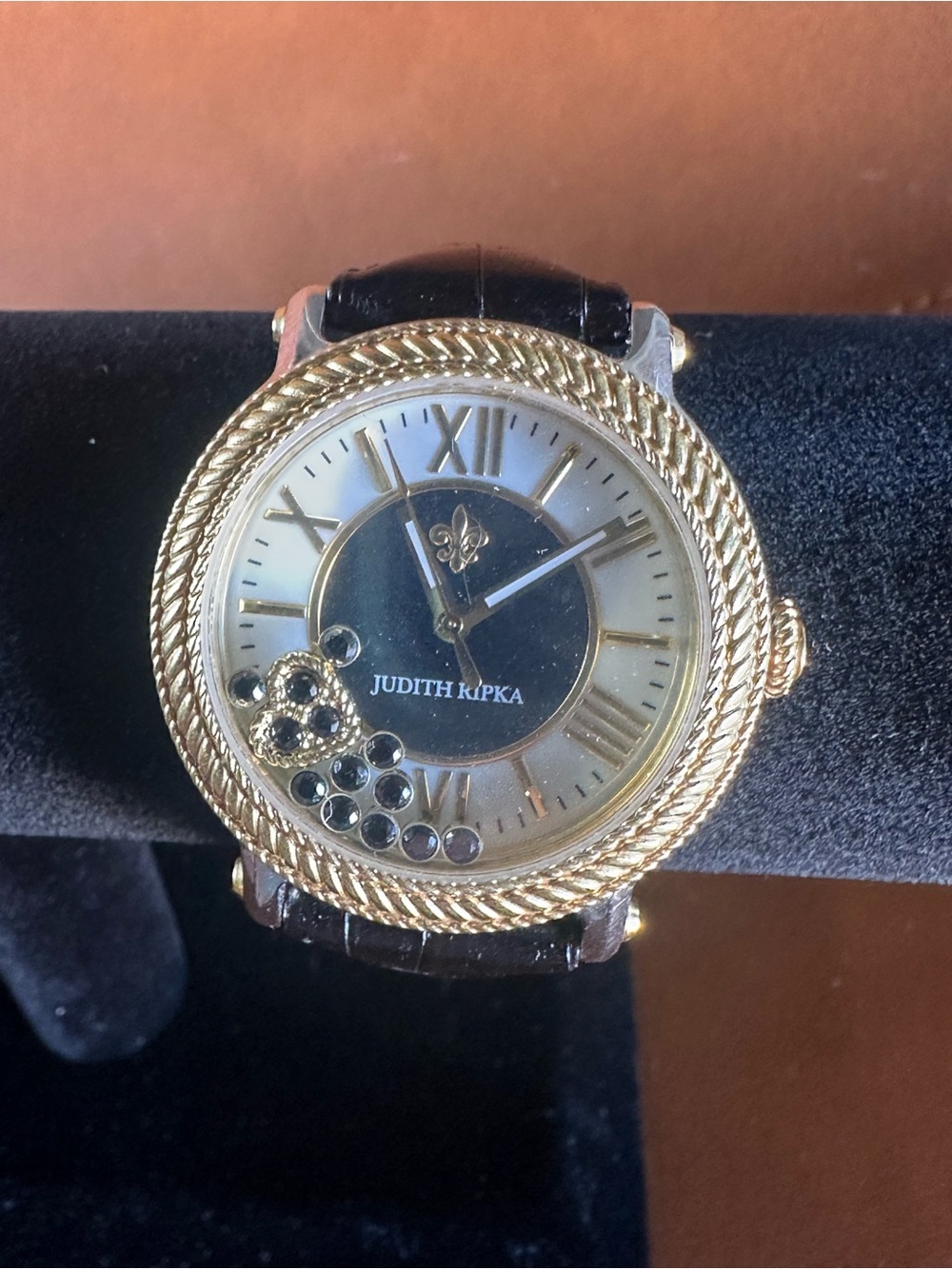 Judith Ripka Floating Crystal Heart Shaker Watch Gold Tone Leather Strap - Picture 2 of 16